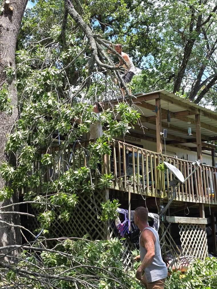 Crew lowering a large limb away from a lake house deck and roof